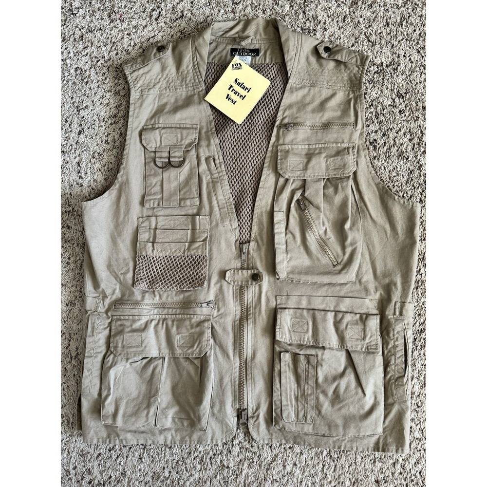 Fox Outdoor Mens L Hunting Fishing Photo Safari Vest Vented Beige Multi‎ Pockets